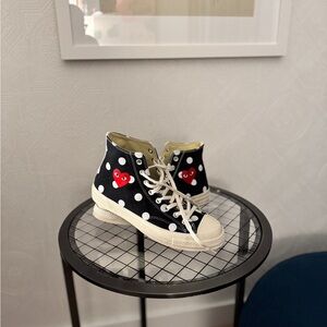 Converse with Comme des Garçons. Red heart with the white polka dots.